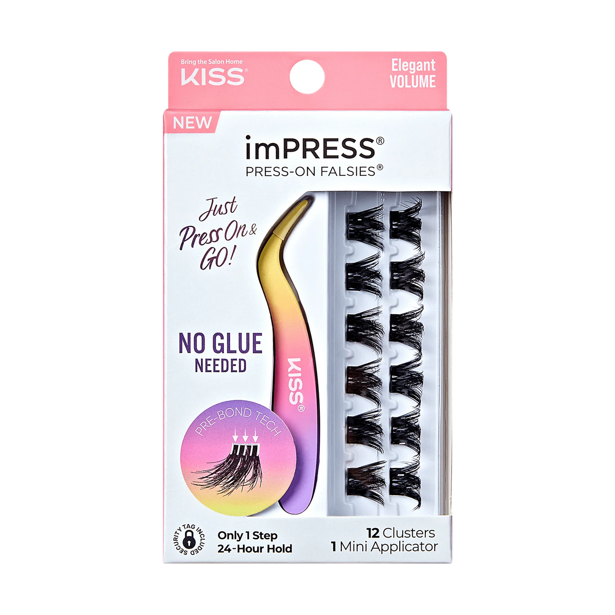 Impress Falsies Self Adhesive Eyelashes, 12 Lash Clusters + Applicator - Elegant
