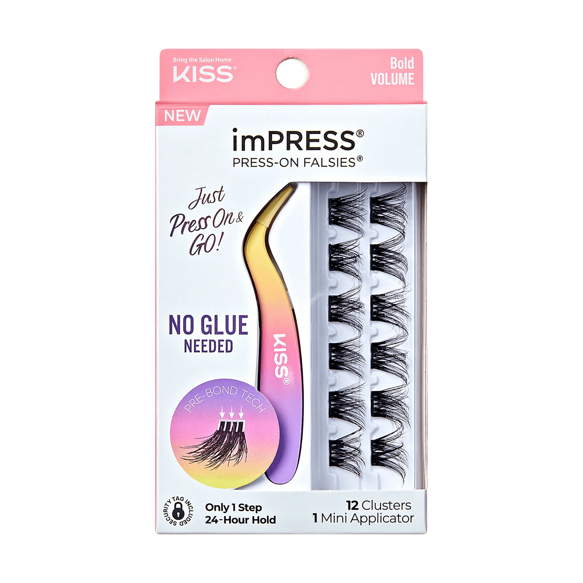 Impress Falsies Self Adhesive Eyelashes, 12 Lash Clusters + Applicator - Bold