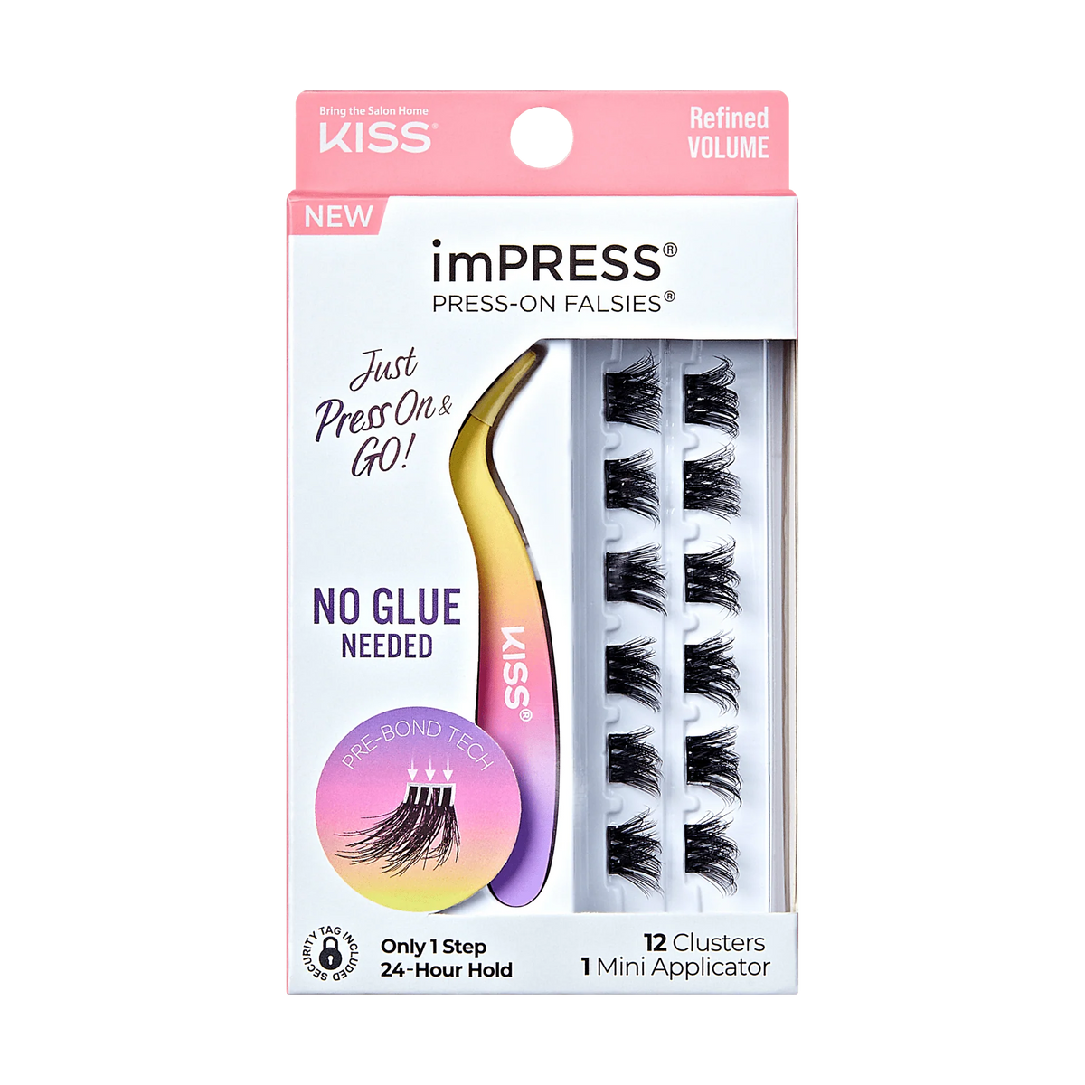 Impress Falsies Self Adhesive Eyelashes, 12 Lash Clusters + Applicator - Refined
